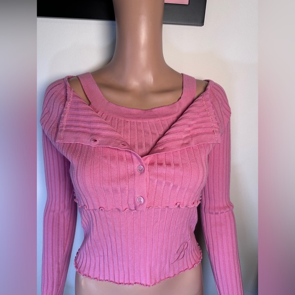 Blumarine Twin Knit Long Sleeve Sweater Tank Set in Bubblegum Pink Wool cardigan